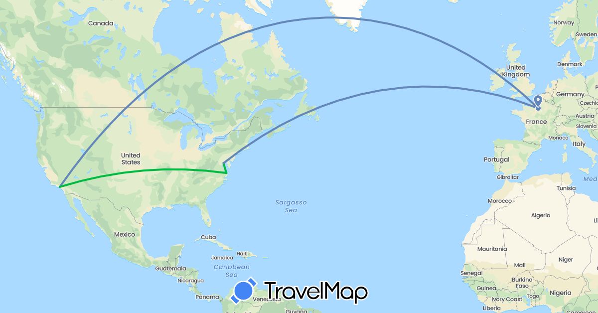TravelMap itinerary: driving, bus, cycling in France, United States (Europe, North America)